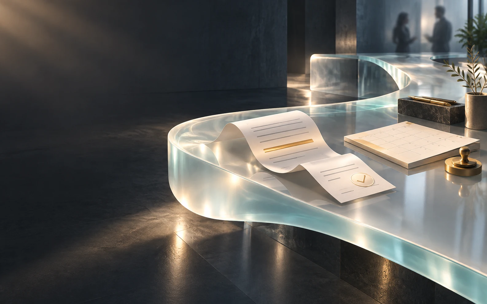 A luminous glass work surface carries meeting notes toward a calendar, with two colleagues in the distance.